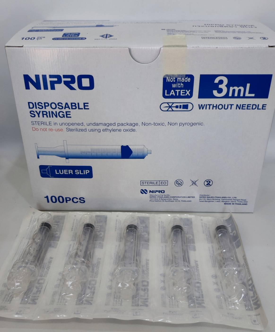 กระบอกฉีดยา 3 ml Disposable Syringe, Luer Slip "NIPRO" (100ชิ้น/กล่อง)