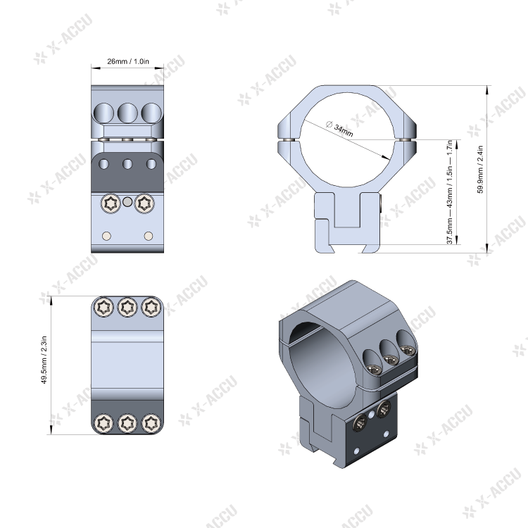 X-ACCU 34mm Adjustable Dovetail แหวนรัดกล้องปรับมุมได้ ท่อ34ราง11มิล